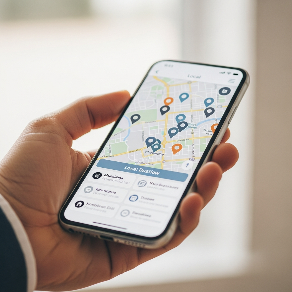Phone showing local map with business pins
