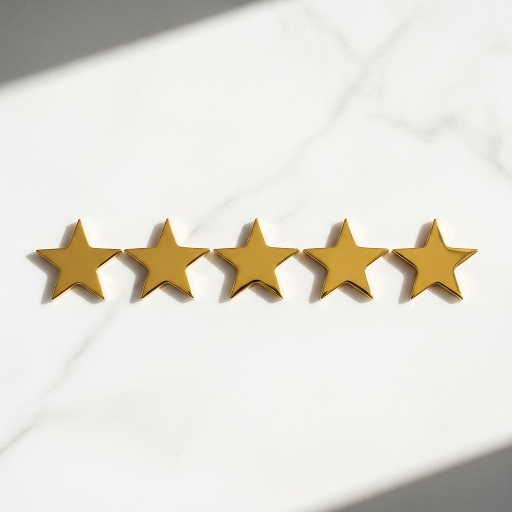 Smartphone showing five-star review rating