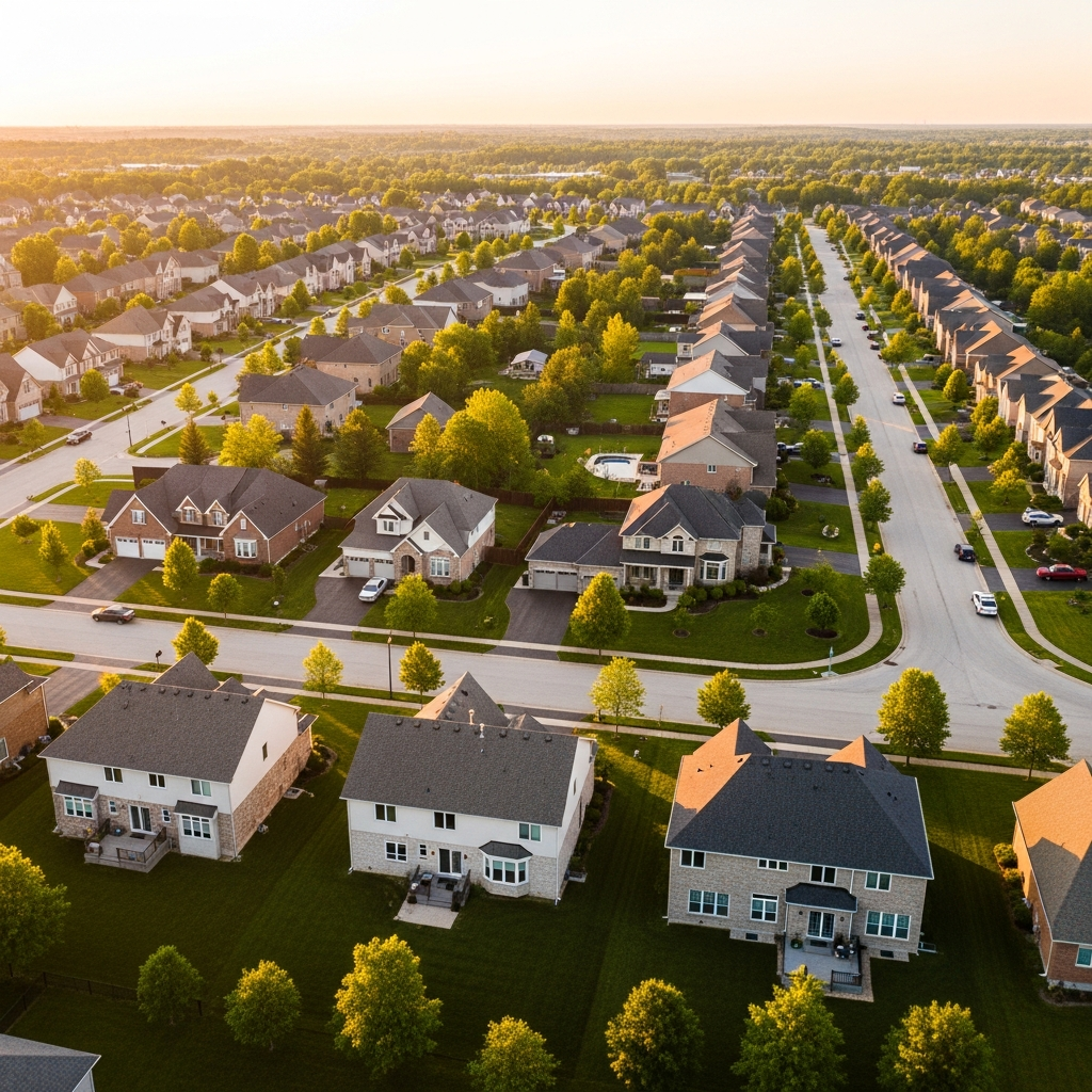 Aerial view of a residential neighborhood