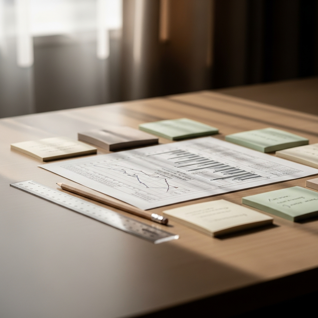 Strategic planning workspace with charts and notes