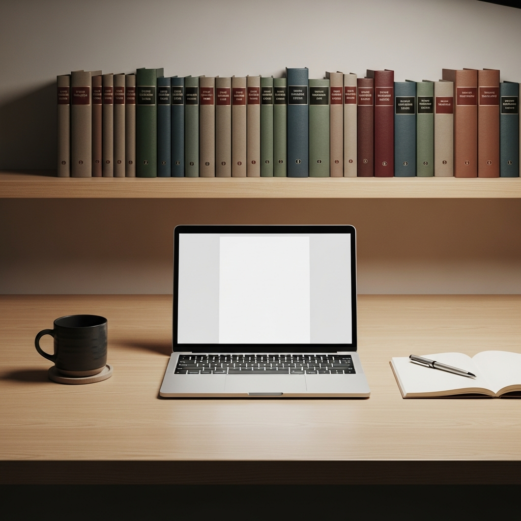 Laptop and law books on a professional desk