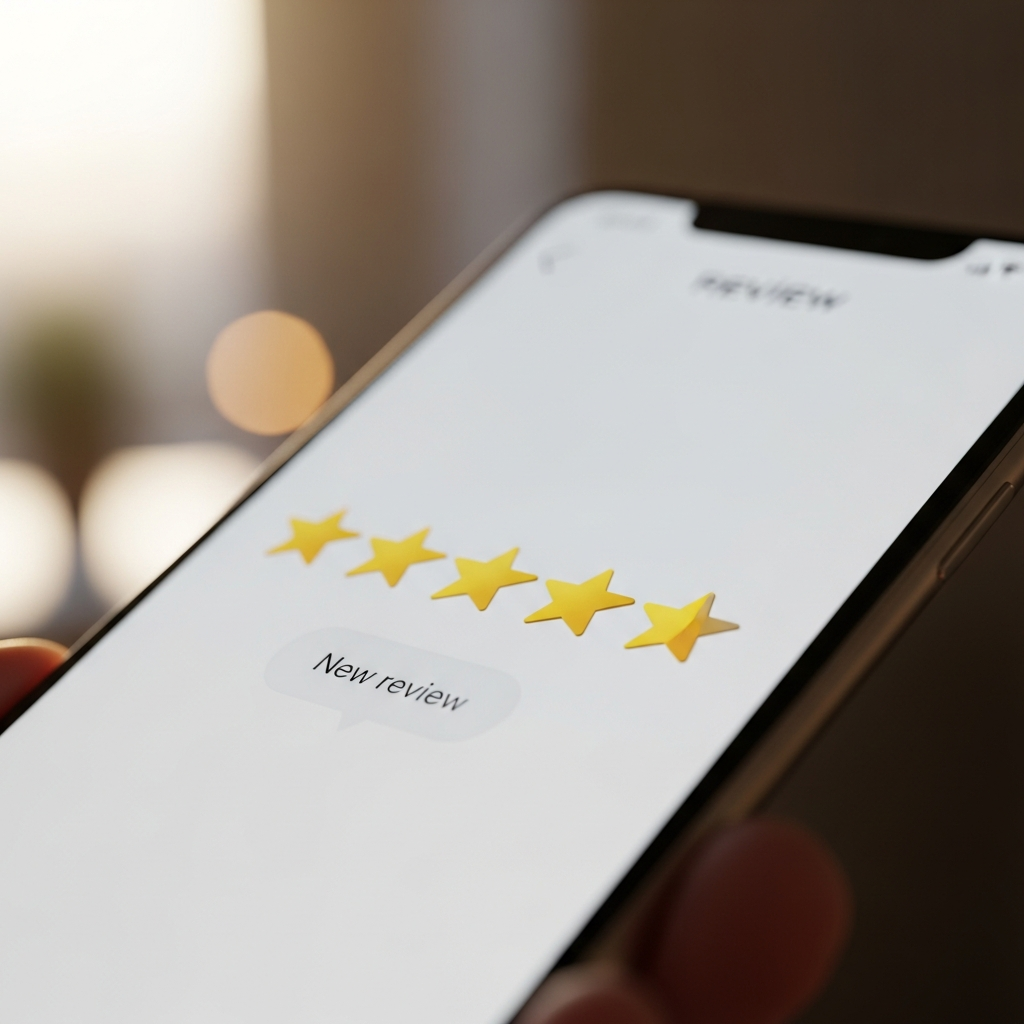 Smartphone showing five-star review rating