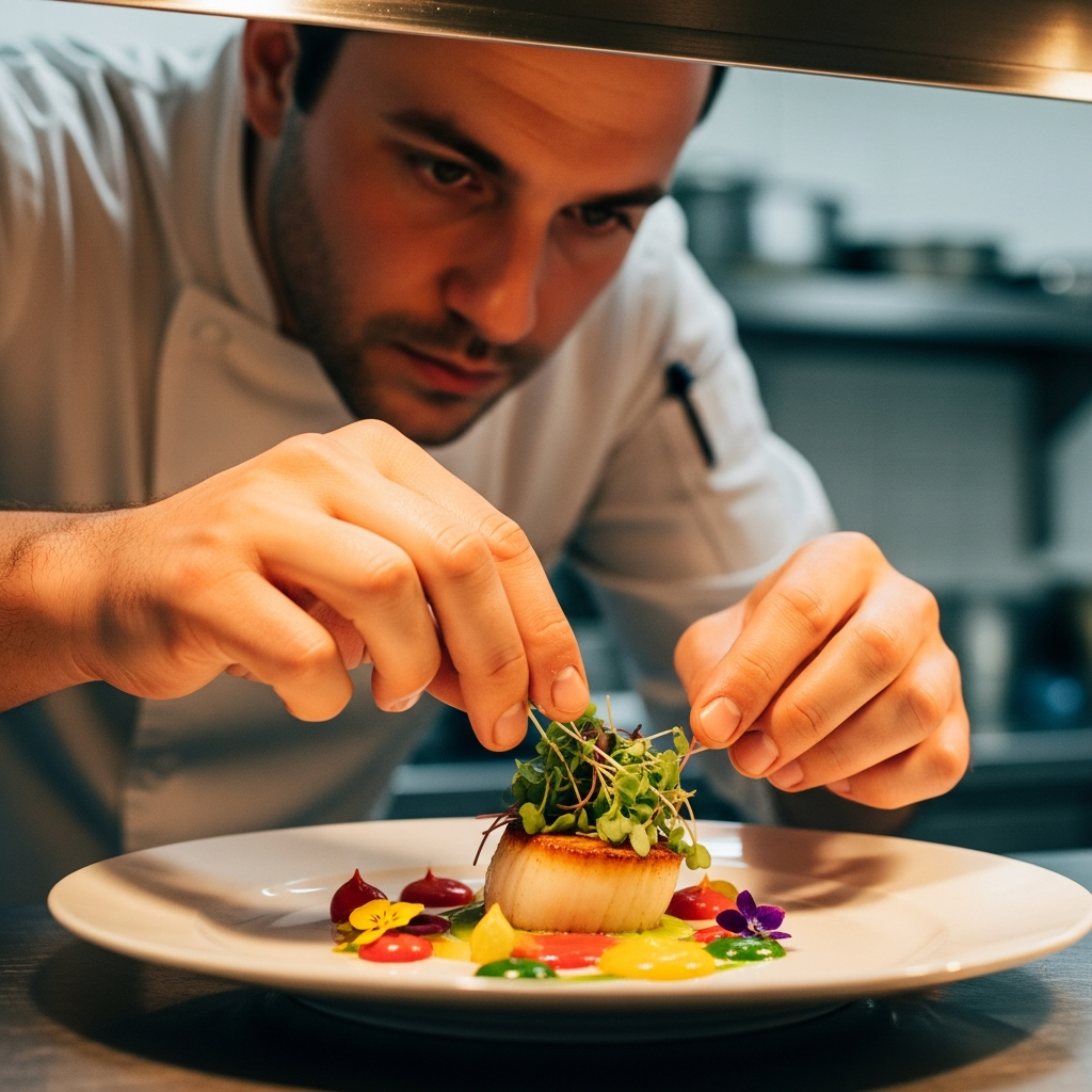 Chef plating a dish in a warm professional restaurant kitchen