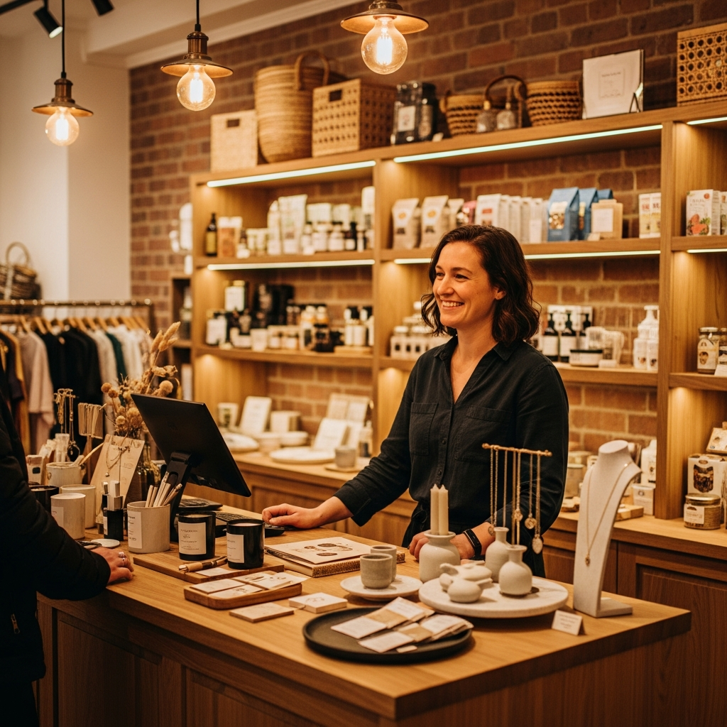 Independent boutique shop owner smiling behind a counter