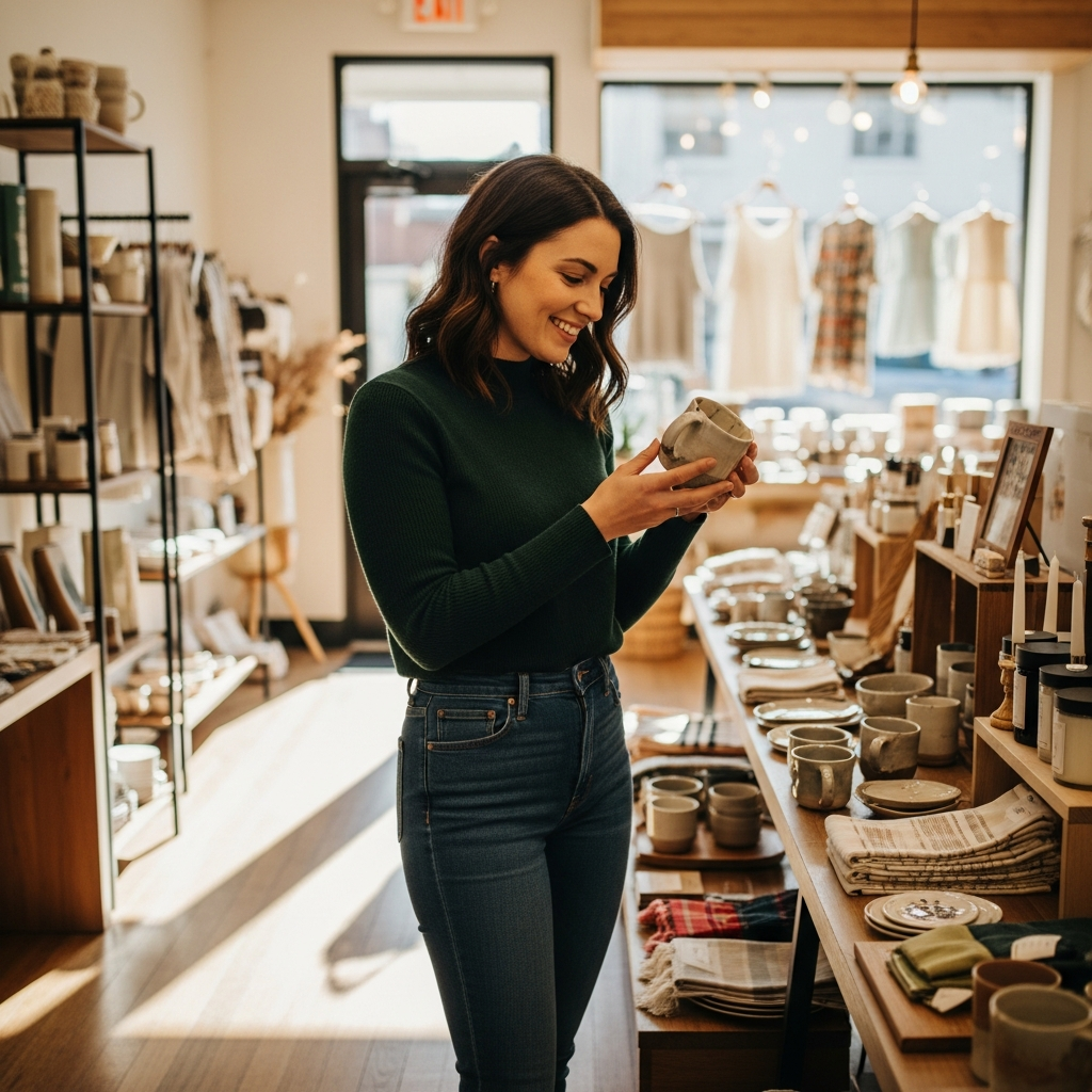 Woman browsing products in a well-lit independent boutique