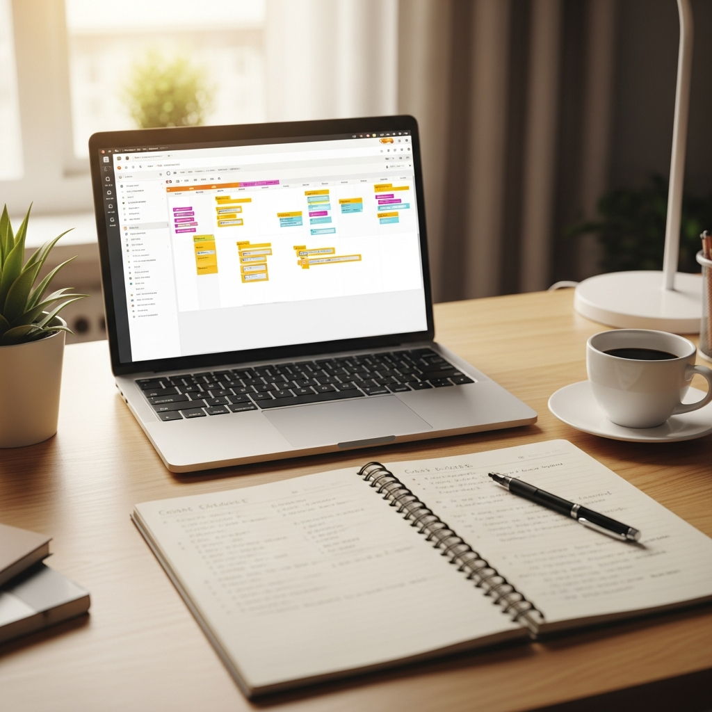 Content planning desk with laptop and calendar