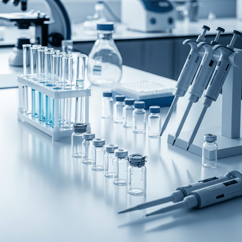 Pharmaceutical research lab with vials and equipment