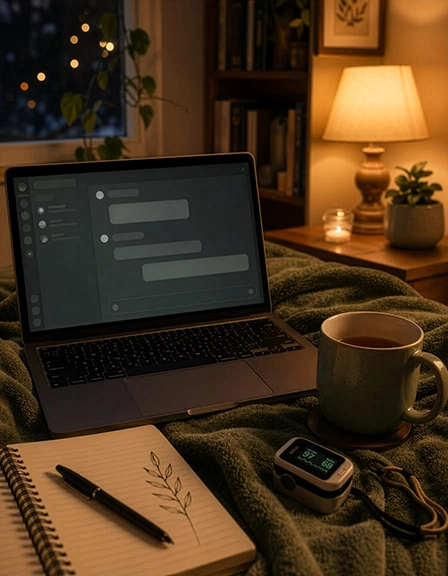 A laptop on a soft blanket with warm lamplight, a mug of tea, and a pulse oximeter nearby