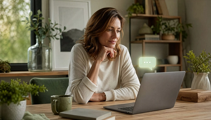 A woman at a warm, lamp-lit desk reflecting on her laptop, where a soft AI chat interface glows