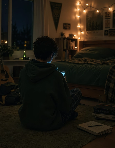 A teenager seen from behind sitting on a bedroom floor at night, soft blue glow from a phone in their hands