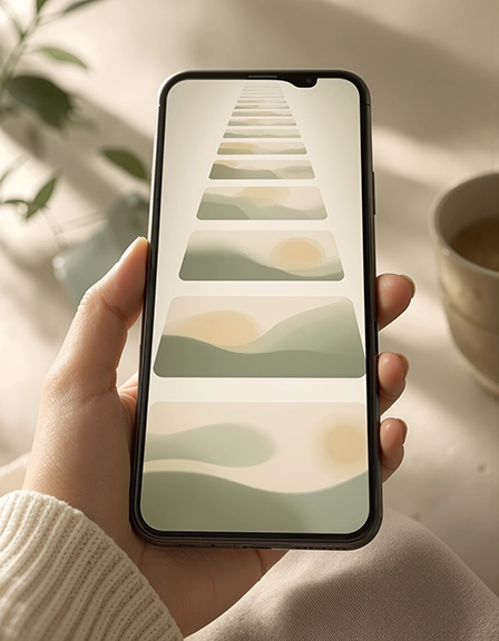 A hand softly holding a phone whose screen shows an endless scroll of abstract blurred shapes fading into the distance