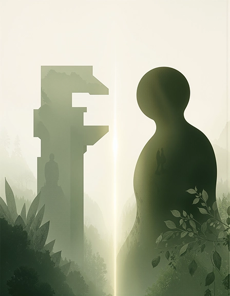 An editorial illustration of two soft silhouettes — one a geometric tool shape, one a warmer human shape — facing each other across a glowing line
