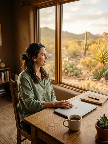 A pulled-back composition of a woman closing her laptop and looking out a sun-lit window with desert plants in soft focus